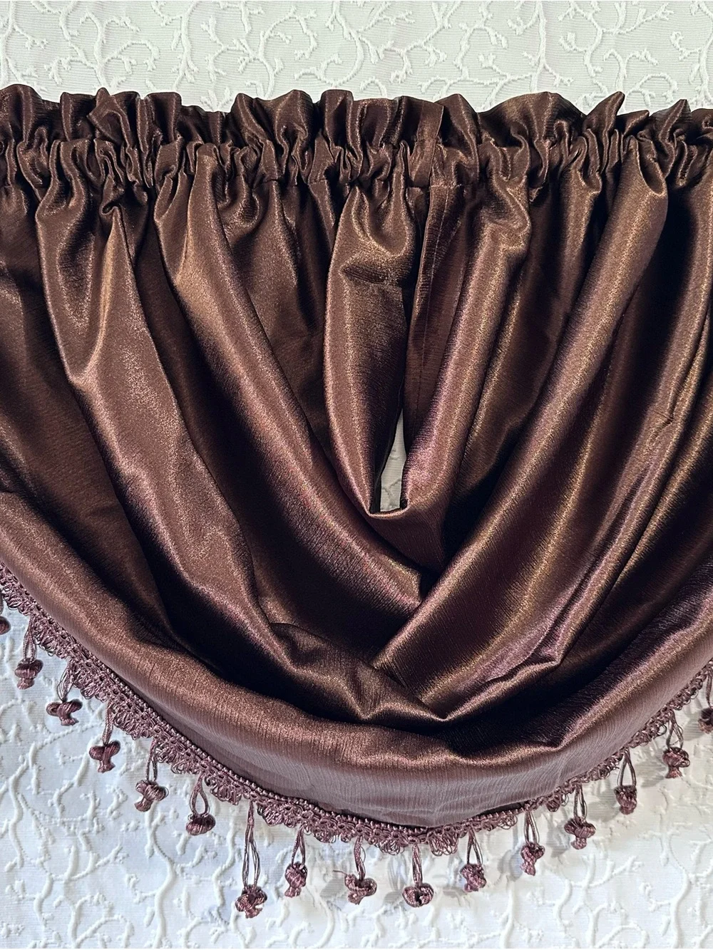 Elegant Brown Draped Valance with Beaded Trim - Home Accents